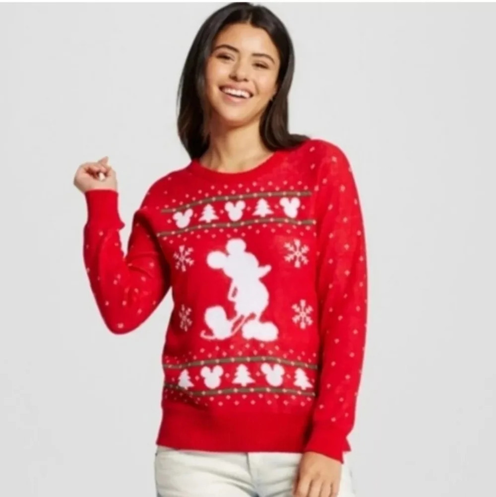 Disney Mickey Mouse knit crewneck sweater red white XL Winter Snowflakes